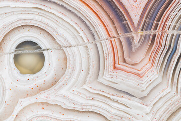 Extreme closeup of the banding patterns in a cut and polished Laguna lace agate from Mexico