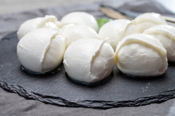 Tasty italian food, fresh white buffalo mozzarella soft cheese balls from Campania