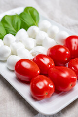 Italian food served as flag of Italy Tricolore with fresh fresh green basil, white mini mozzarella cheese and red cherry tomatoes