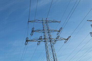 High voltage electrical wires on metal poles