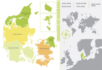 Detailed color vector map of administrative divisions of Denmark showing the location of the country on map of Europ