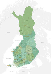 Detailed map Finland with administrative divisions into regions and sub-regions, large cities of the country, vector illustration on a white background