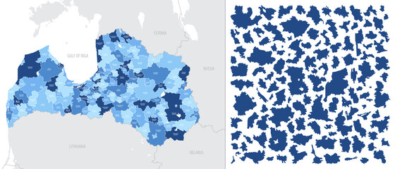 Obraz premium Detailed, vector, blue map of Latvia with administrative divisions into regions country