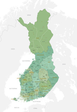 Detailed map Finland with administrative divisions into regions and sub-regions, large cities of the country, vector illustration on a white background