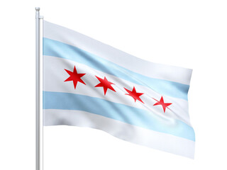 Chicago (city in Illinois state) flag waving on white background, close up, isolated. 3D render