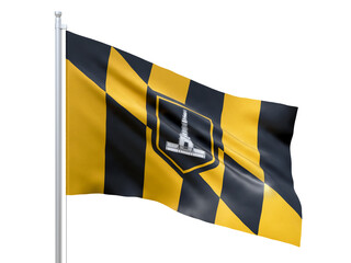 Baltimore (city in Maryland state) flag waving on white background, close up, isolated. 3D render