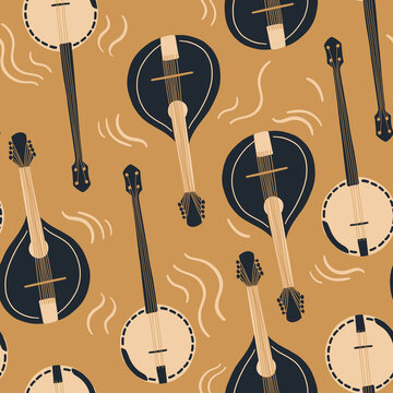 Seamless pattern with mandolin or domra, banjo and abstractions on beige background. International Music Day. Vector musical instrument set. Doodle elements	