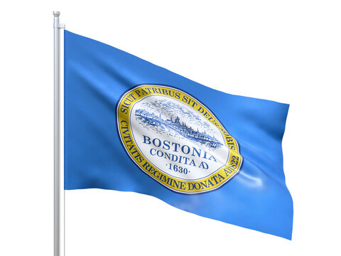 Boston (city in Massachusetts state) flag waving on white background, close up, isolated. 3D render