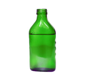 Glass green bottle with water on an isolated white background.