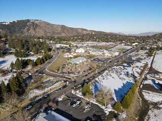 Aerial view of historic Downtown City of Julian during snow day. Famous for it's apple pies, and the Wilcox Building.California, USA