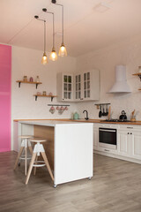 Modern Kitchen Interior with Island, Sink, Cabinets, and Big Window in New Luxury Home.