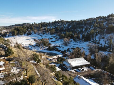 Aerial view of historic Downtown City of Julian during snow day. Famous for it's apple pies, and the Wilcox Building.California, USA - Powered by Adobe