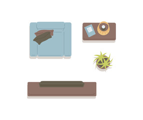 Top view on living room furniture with TV flat vector illustration isolated.