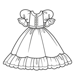 Ball gown with fluffy skirt for princess outfit outline for coloring on a white background