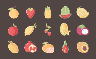 fruits fresh nutrition orange strawberry mango apple lemon icons black background