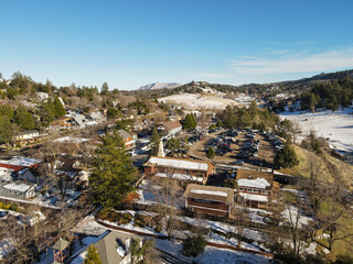 Aerial view of historic Downtown City of Julian during snow day. Famous for it's apple pies, and...