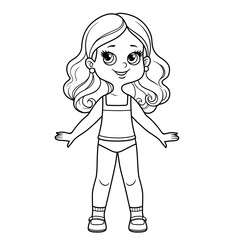 Cute cartoon girl dressed in underwear outline for coloring on a white background