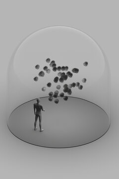 3d illustration with abstract human figure inside transparent glass with many virus cells