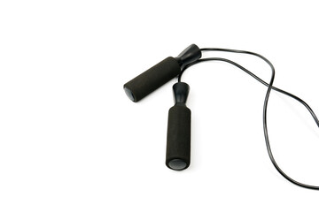 Black sports skipping rope isolated on white background.