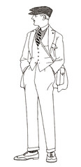 Stylish man from the 20s with hands in his pockets, wearing suit, cap and shoulder bag