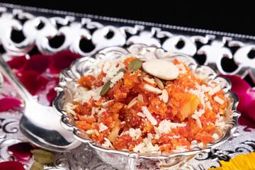 Indian Delight Gajar Ka Halwa Halva Or Carrot Pudding Gajrela Halua Made Of Grated Carrots Milk Cream Meetha Mava Sugar Desi Ghee Khoya Mawa Badam Kaju Is Enjoyed In Festivals Like Holi Diwali And Eid