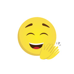 Happy emoticon claps his hands. Yellow face isolated on a white background with closed eyes, raised eyebrows, and with a big smile