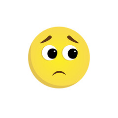 Sad emoji looking to the side. Vector yellow face isolated on a white background with big eyes, raised eyebrows, and sad sad mouth