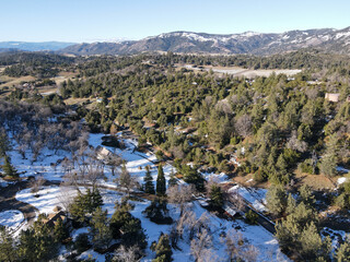 Aerial view of Mountain with snow in Julian, San Diego County, California, in the United States