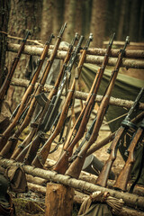 Shotguns and rifles of the Second World War, in the forest on a wooden stand