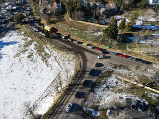 Aerial view of historic Downtown City of Julian during snow day. Famous for it's apple pies, and the Wilcox Building.California, USA