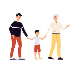 Fototapeta premium Two men homosexual family couple are raising a child, flat vector illustration.