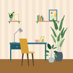 Home office interior. Modern room interior. Home workplace concept. A place to work or study at home. A room with a table, chair, potted flowers . Vector illustration for the site.