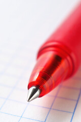 The red pen is lying on the sheet of the squared notebook. Close-up. Light bright vertical illustration on the topic of schooling, September 1, new school year, study and higher education. Macro