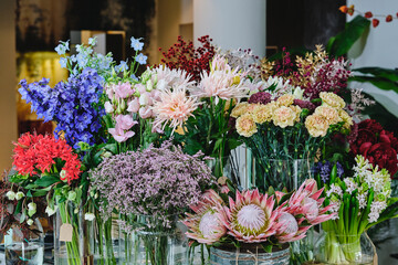 Colorful assorted flowers and plants in baskets and vases placed in spacious floral shop