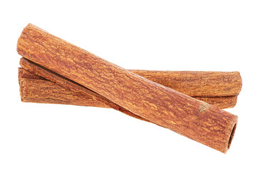 Two brown cinnamon sticks isolated on a white background. The image is a cut out.