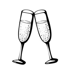 Vector doodle hand drawn sketch black ink illustration of two champagne glasses couple love anniversary valentines day celebration drink cheers on white background