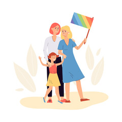 Lesbian couple with child girl, flat cartoon vector illustration isolated.