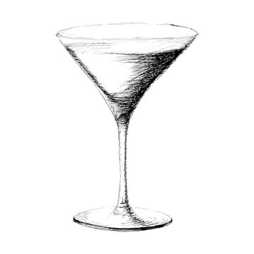 Vector monochrome hand drawn sketch style illustration of martini glass coctail wineglass isolated on white background.