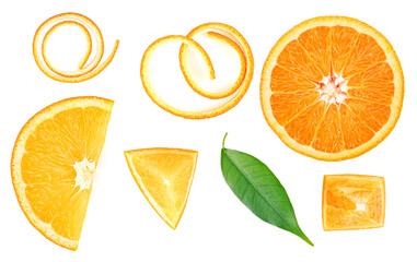 Orange slices, orange leaf and orange peel isolated on white background, top view. Vitamin C.