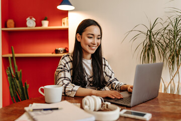 Nice girl smiling, chatting in laptop and sitting in bright room