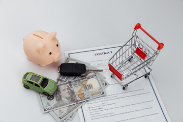 Buy or sell car, purchase or rent automobile service with car keys, contract and money.