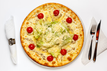 Pizza with chicken, cheese, herbs and tomatoes 