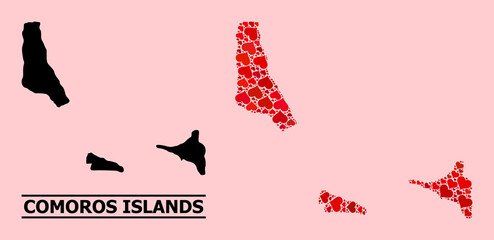 Love mosaic and solid map of Comoros Islands on a pink background. Mosaic map of Comoros Islands is formed with red lovely hearts. Vector flat illustration for love abstract illustrations.