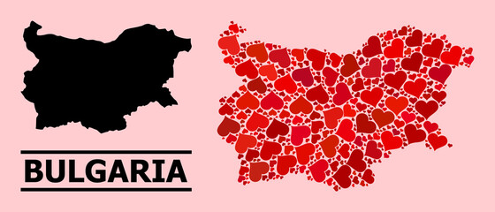Love collage and solid map of Bulgaria on a pink background. Collage map of Bulgaria designed from red hearts. Vector flat illustration for love concept illustrations.