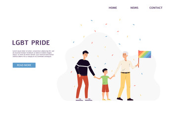 lgbt male couple with son a vector landing page template in flat style