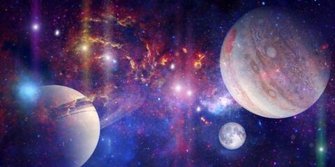 Space wallpaper banner background. Stunning view of a cosmic galaxy with planets and space objects. Elements of this image furnished by NASA. © uladzimirzuyeu