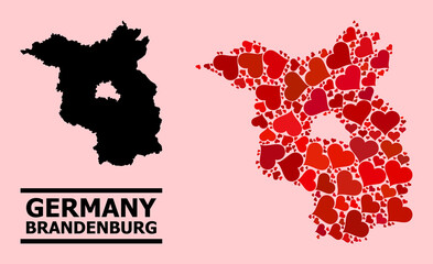 Love collage and solid map of Brandenburg State on a pink background. Collage map of Brandenburg State is designed from red love hearts. Vector flat illustration for love conceptual illustrations.