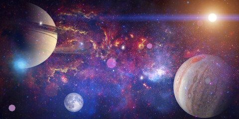 Space wallpaper banner background. Stunning view of a cosmic galaxy with planets and space objects....