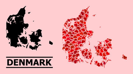 Love collage and solid map of Denmark on a pink background. Mosaic map of Denmark is composed with red love hearts. Vector flat illustration for love abstract illustrations.