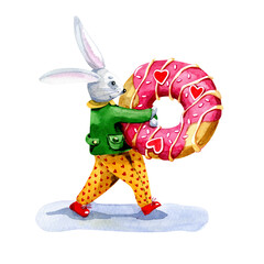 Cute watercolor bunny carries as a gift a crimson donut decorated with hearts, glaze and sprinkles